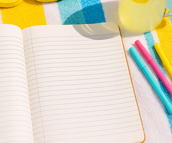 Interior notebook mockup with wide ruled pages and tropical summer scene