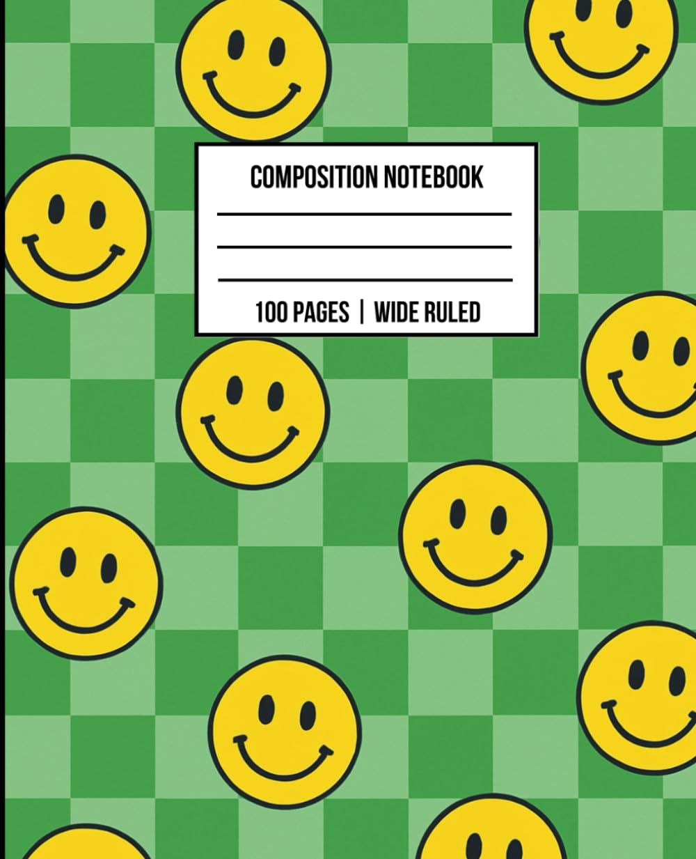 over image of wide ruled smiley face notebook with green checkered aesthetic design