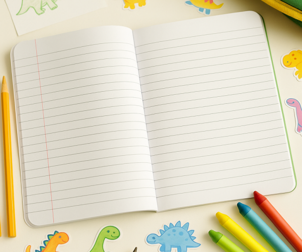 Open notebook with wide ruled pages on colorful kid’s desk with dinosaur school supplies