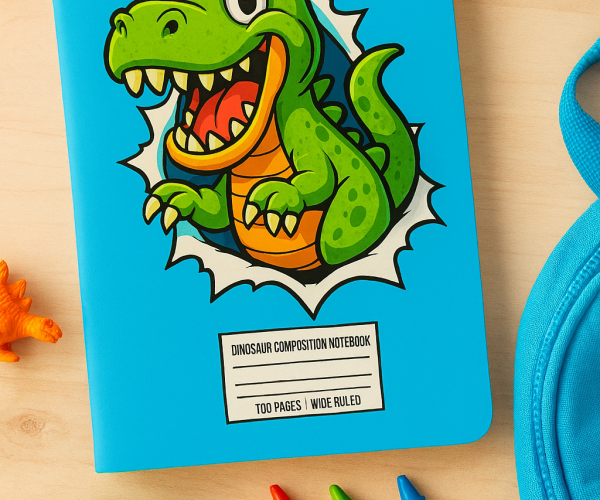 Funny dinosaur notebook cover with green T-Rex on bright blue background