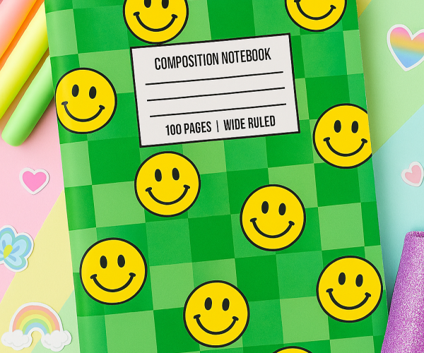 Cover mockup of aesthetic wide ruled notebook with smiley face and green checkered design