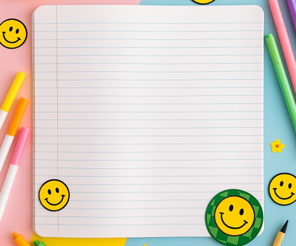 Open notebook with lined pages on colorful desk with fun school stationery