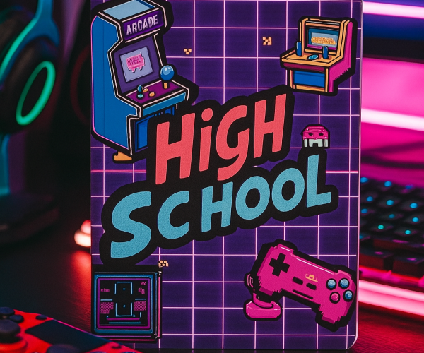 Composition notebook cover with neon retro arcade theme and joystick graphics