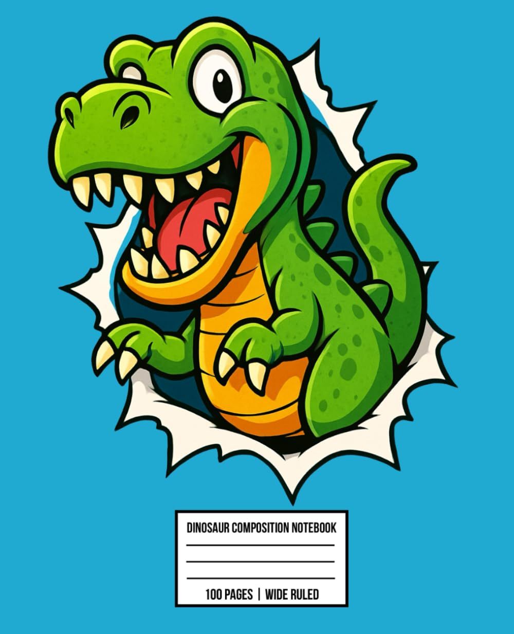 Cover image of wide ruled dinosaur notebook with cartoon T-Rex for school kids