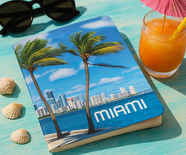 Composition notebook cover mockup with Miami tropical skyline and palm trees